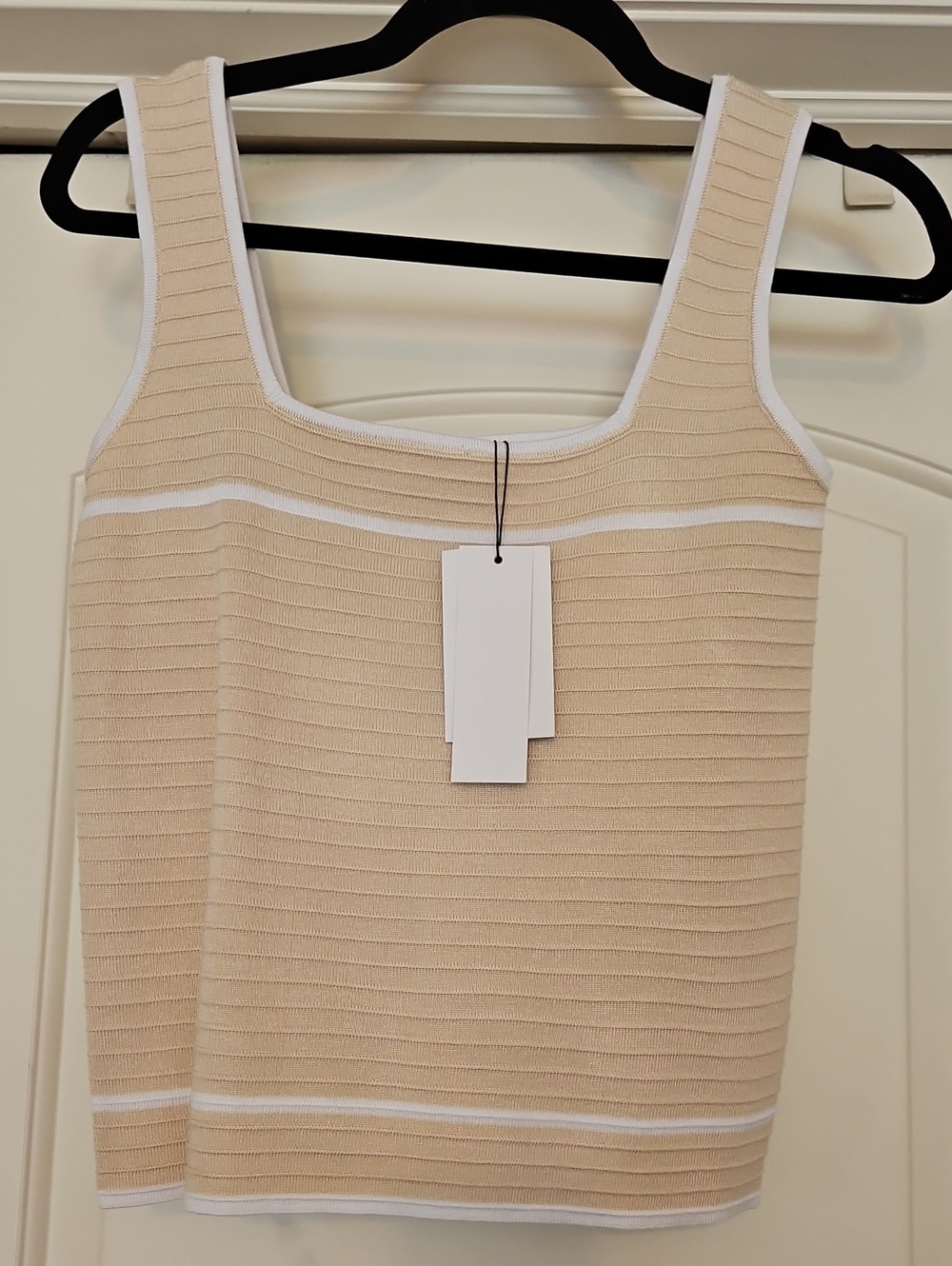 Beige Ribbed Knit Tank Top with White Trim - Women's Sleeveless Top